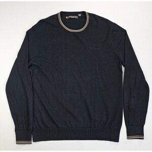 Ben Sherman Size XL Mens Embroidered Chest Logo Black White Brown Trim Sweater